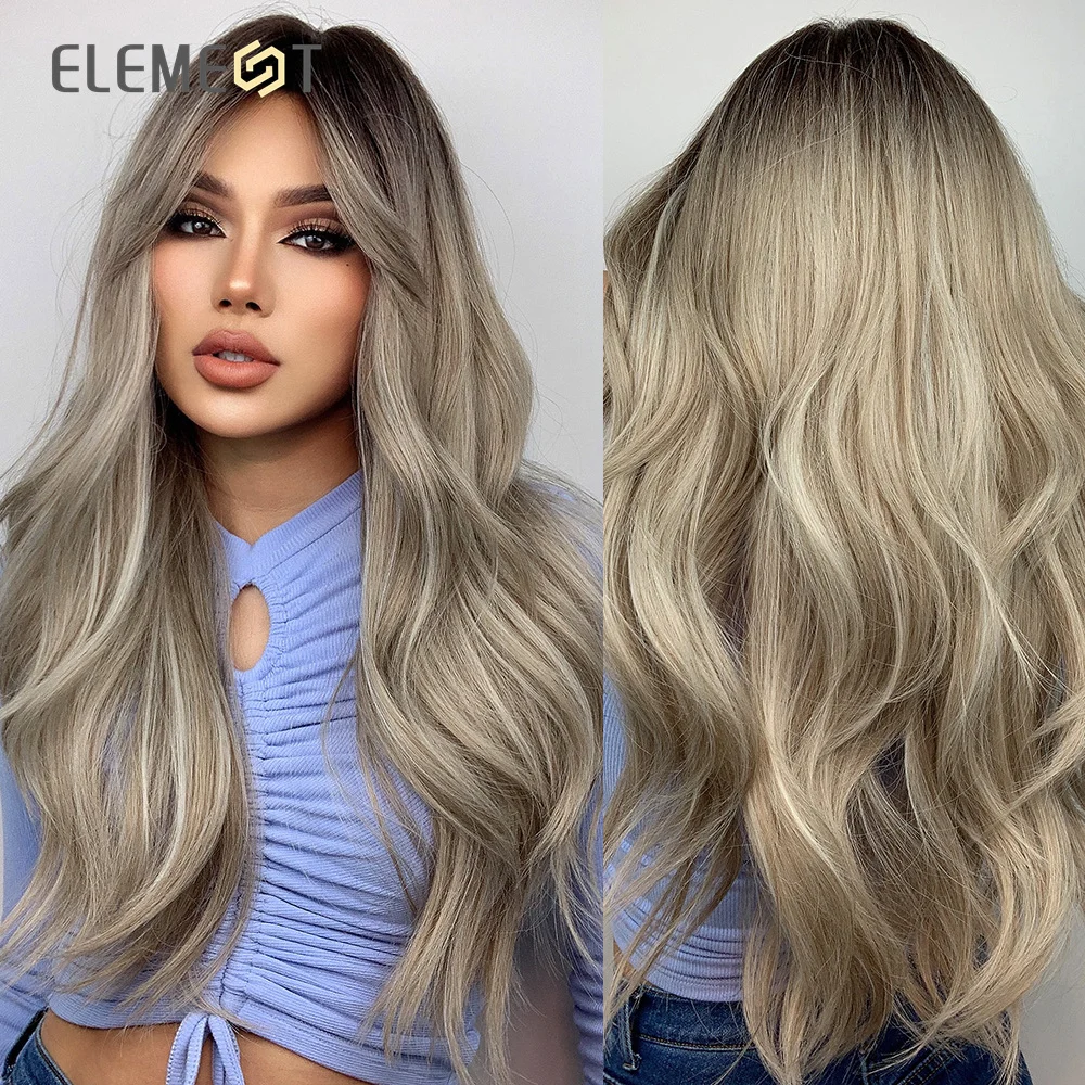

ELEMENT Synthetic Wigs Long Wavy Ombre Black to Blonde Gray For Women Popular Spring Daily Use Natural Wig Heat Resistant Hair