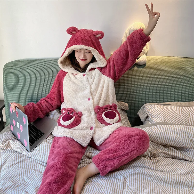 Women's Cartoon Animal Cosplay Sleepwear Two Pieces Set  Winter Warm Plush Home Clothes Hooded Flannel Thick Red White Pajamas