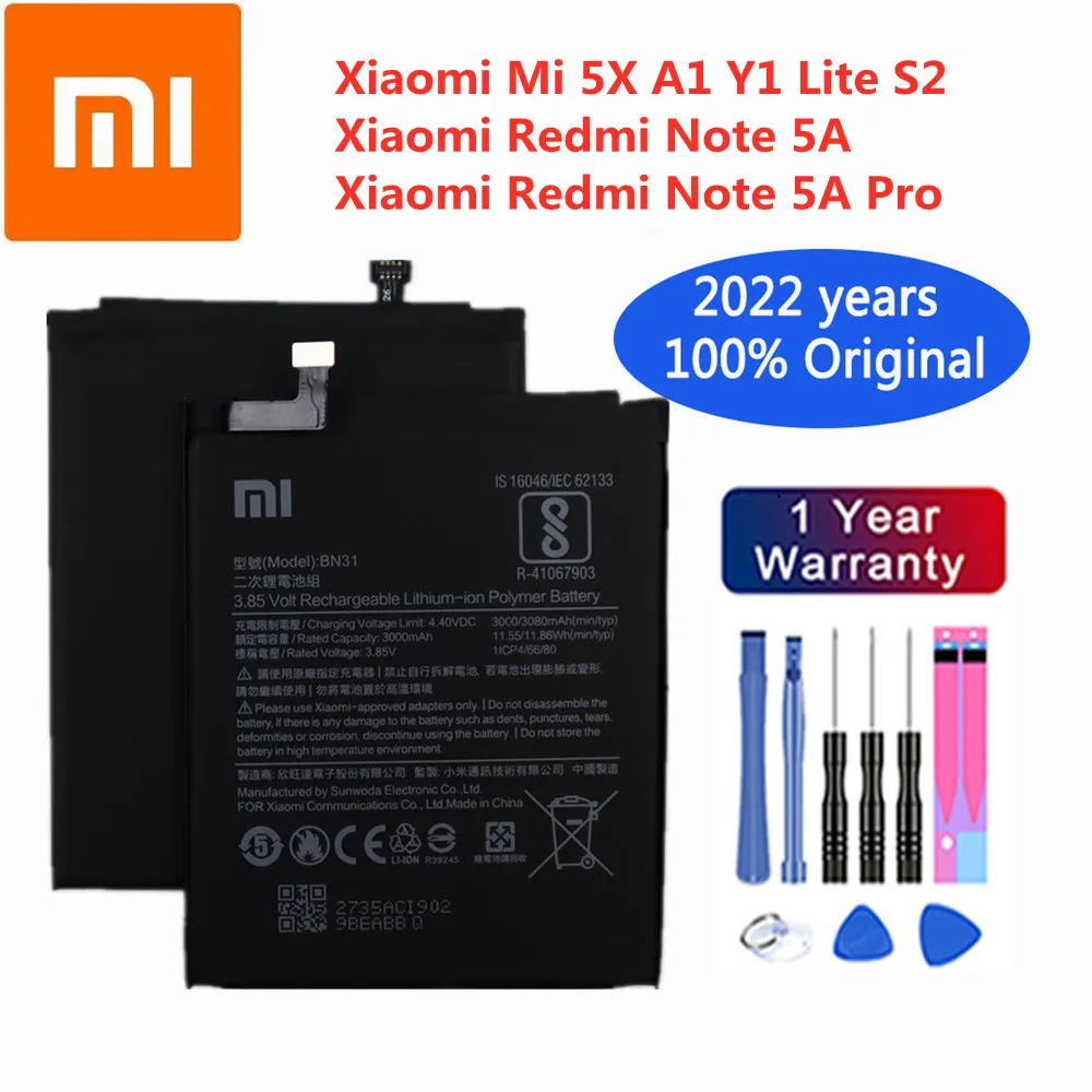 

2022 Years 100% Original Battery 3000mAh BN31 For Xiaomi Mi 5X A1 Y1 Lite S2 Redmi Note 5A / Note 5A pro Mobile Phone Battery