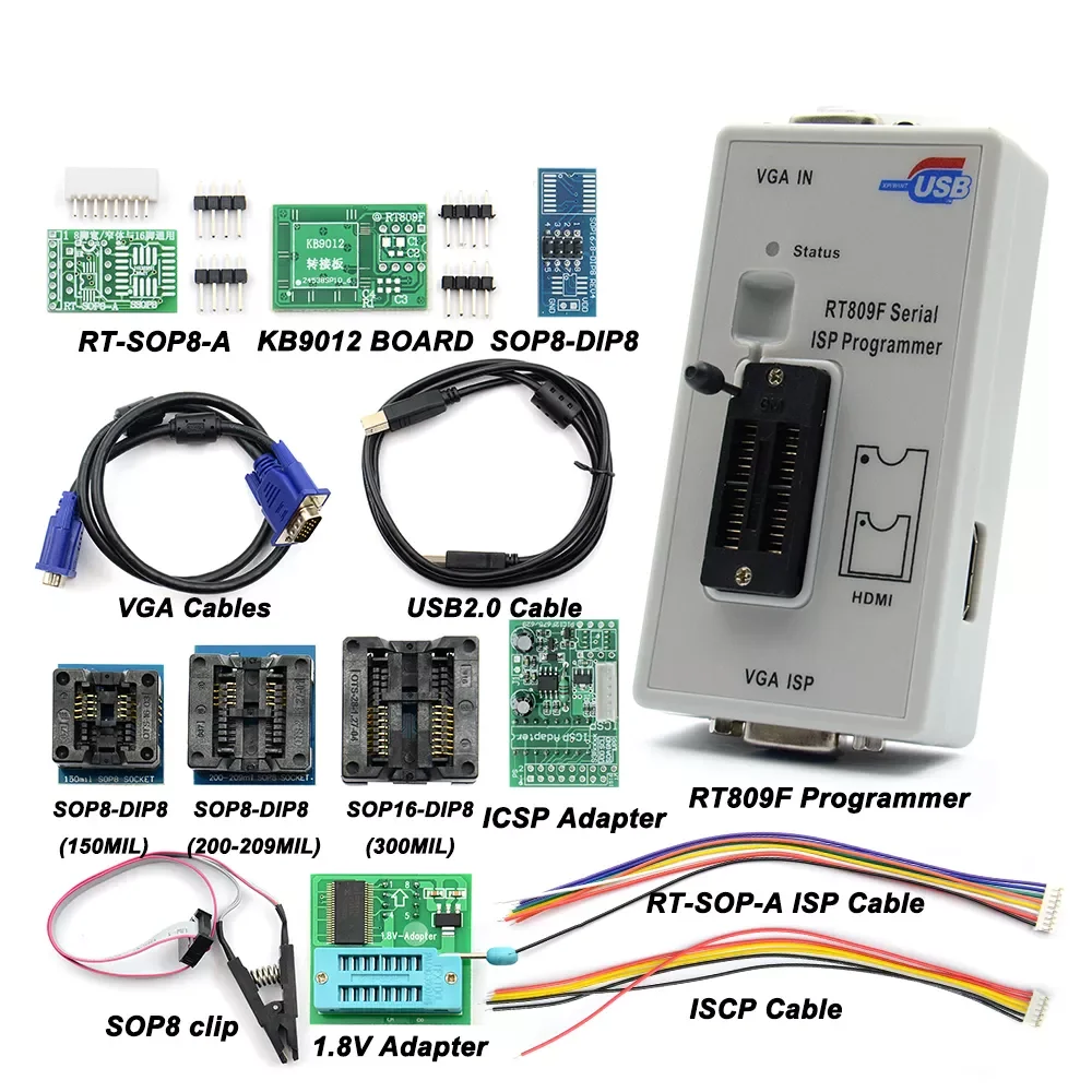 RT809F Serial ISP Programmer with 11 Adapters +1.8V SOP8 Test Clip+EDID Cable Smart Chips Programmable Calculator