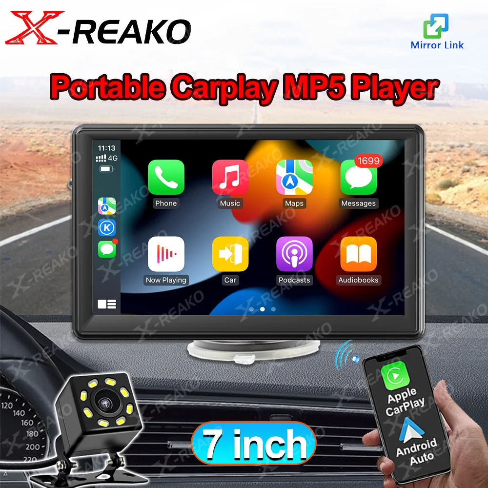 Фото X-REAKO 7-дюймовый автомобильный MP5-плеер с сенсорным экраном для универсального беспроводного Carplay Android Auto стерео Bluetooth громкой связи без DVD №1