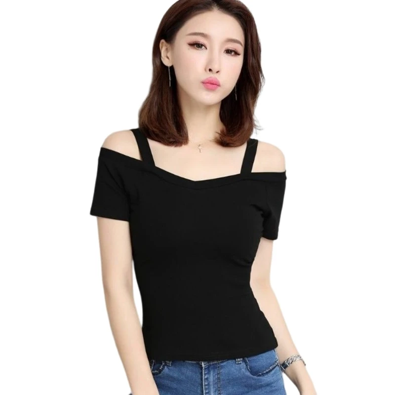 

Short Sleeve T-shirt Women Sexy Shoulder Off Korean Fashion Tee-Shirt Girl Slim V-neck T-shirt Summer Top Birthday Gift