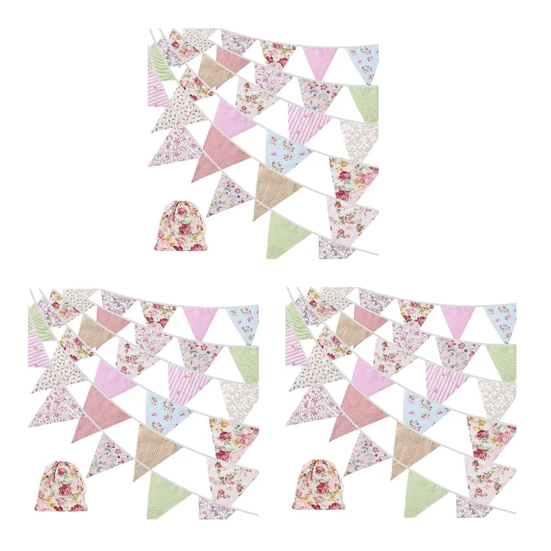 

3X 40Ft Fabric Bunting, 42Pcs Outdoor Bunting Banner,Floral Vintage Cotton Triple-Cornered Flag For Birthday Party