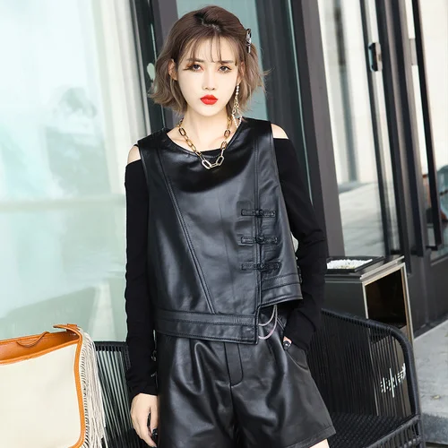 Luxury brand Genuine Leather Women's 2023 Early Spring New Irregular Sleeveless Vest Sheepskin Retro Buckle Waistcoat FCY109