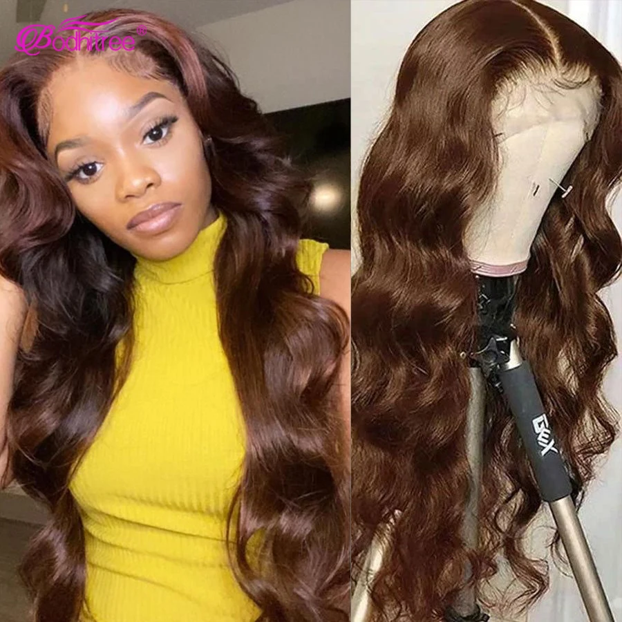 Chocolate Brown Body Wave Lace Front Human Hair Wigs For Women  250 Density HD Transparent Lace Frontal Wig 4# Brown Lace wig