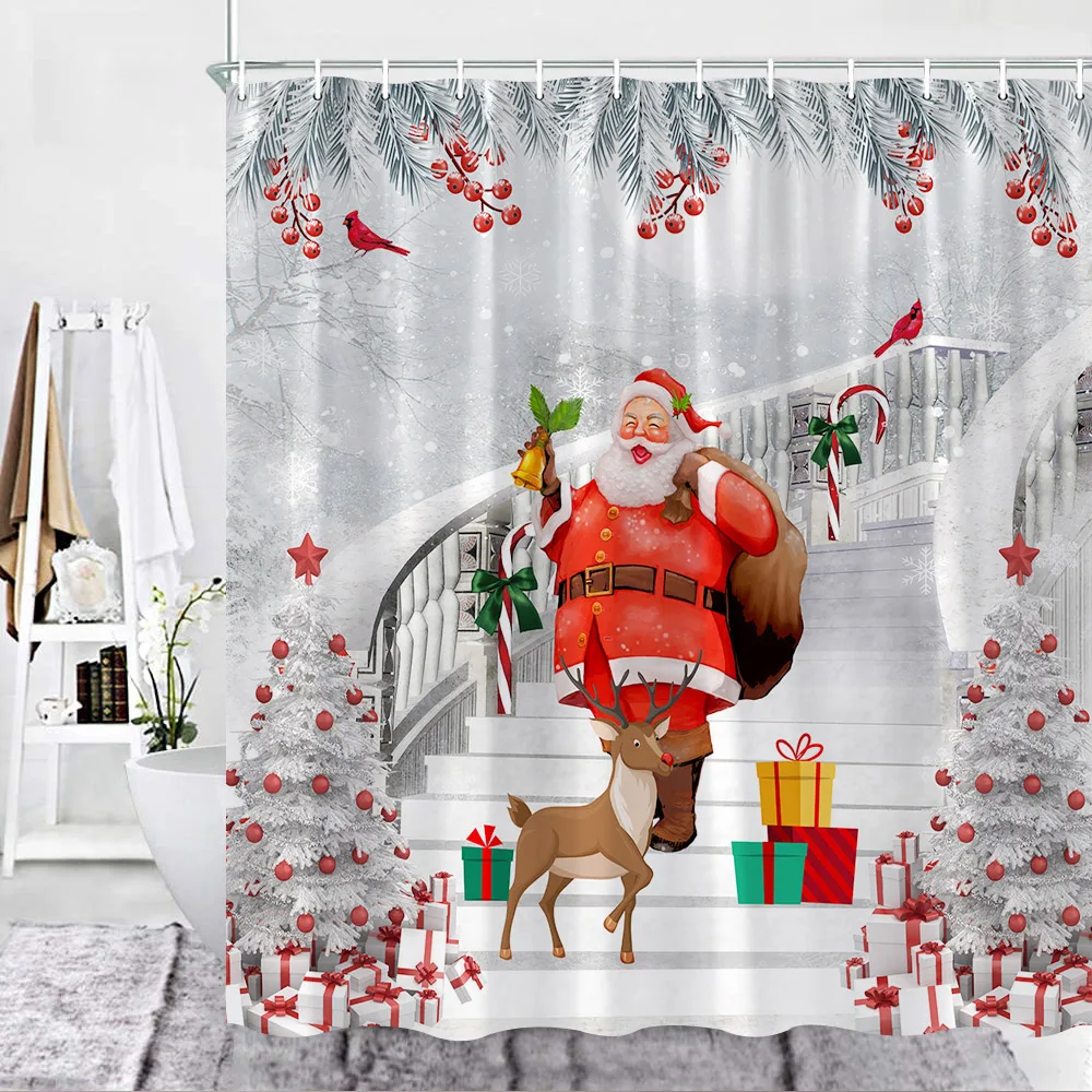 

Рождественская занавеска для душа, милая Рождественская елка с Санта-Клаусом, ветка кедра, зима, снег, лестницы, тканевые декоративные компл...