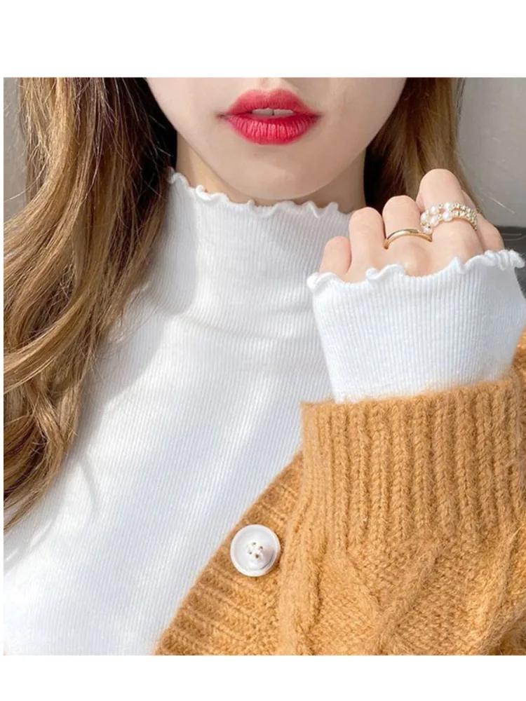 

Thin Fungus Edge Half High Neck Long Sleeve Bottoming Shirt Autumn Women's Inner Large Slim Thread T-shirt Versatile Top