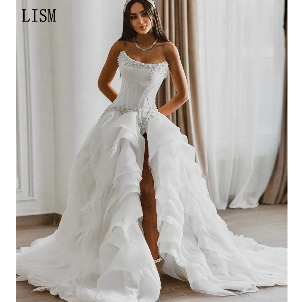 

LISM Sweetheart Sleeveless Princess Party Dress Glitter Sequin Ruffles Prom Gowns Vestidos Side Slit vestidos de novia