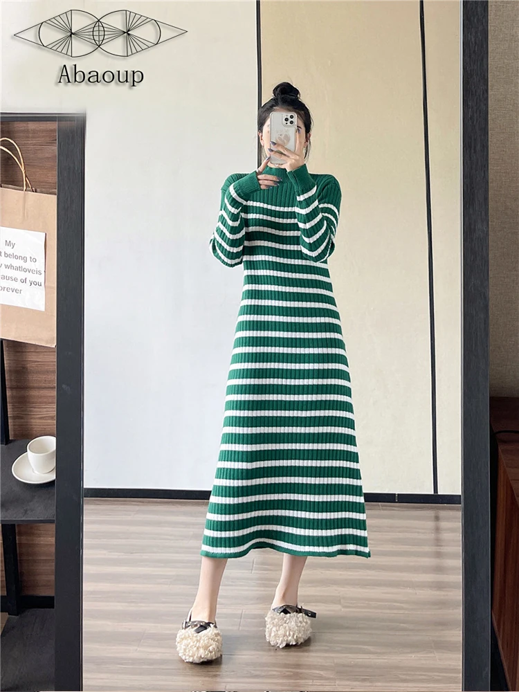 

New Ladies Casual Sweater Dress Striped Retro Long Sleeves Girls Fashion Elegant Versatile 700