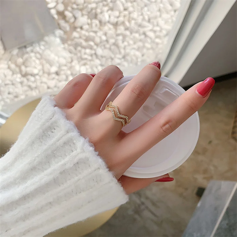 

Korean Design Feeling Double Wave Shape Zircon Gold Open Rings For Woman Luxury Finger Jewelry Wedding Party Unusual Girl's Ring