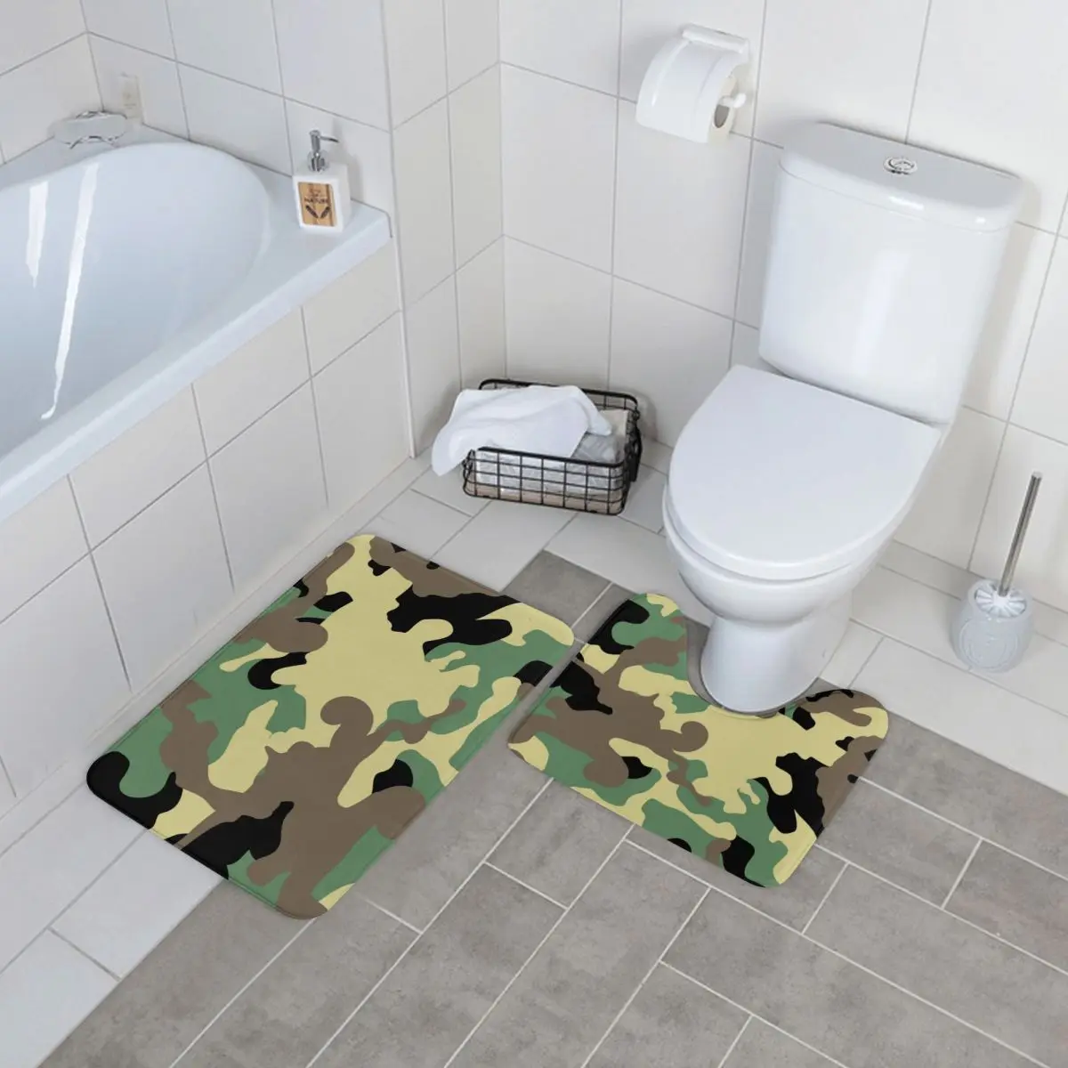 

Army Camouflage Print Bath Mat Green Camo 2pcs Anti Slip Vintage Bathroom Mat Set Polyester Shower Bathroom Rug