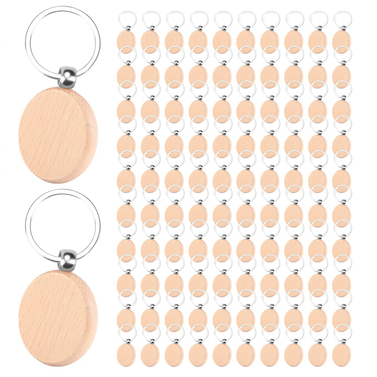 

100Pieces Wooden Keychain Blanks Bulk Round Wood Engraving Blanks Unfinished Wooden Key Ring Key Tag B