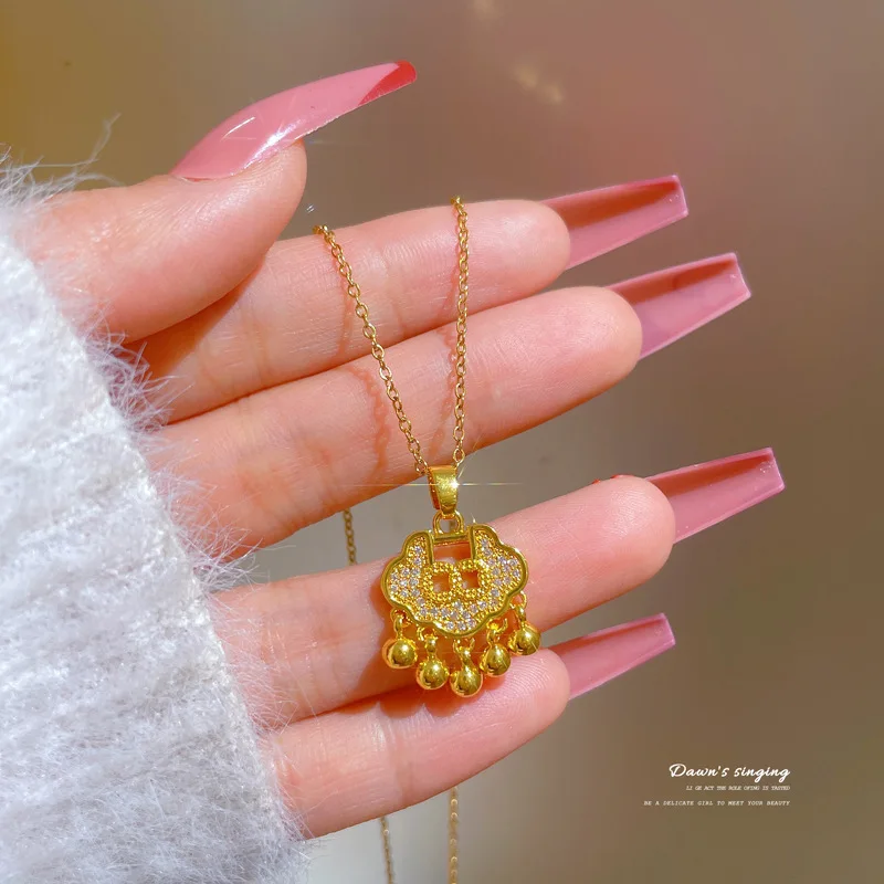 

[Titanium Steel] Auspicious Concentric Lock Full Diamond Micro-inlaid Diamond Necklace Female Transfer Bead Clavicle Chain