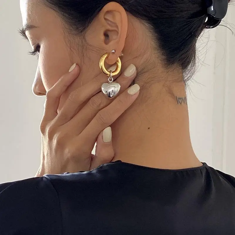 

Statement Minimalist Gold Silver Color Mixed Solid Heart Pendant Hoop Earrings Street Style Korean Fashion Jewelry