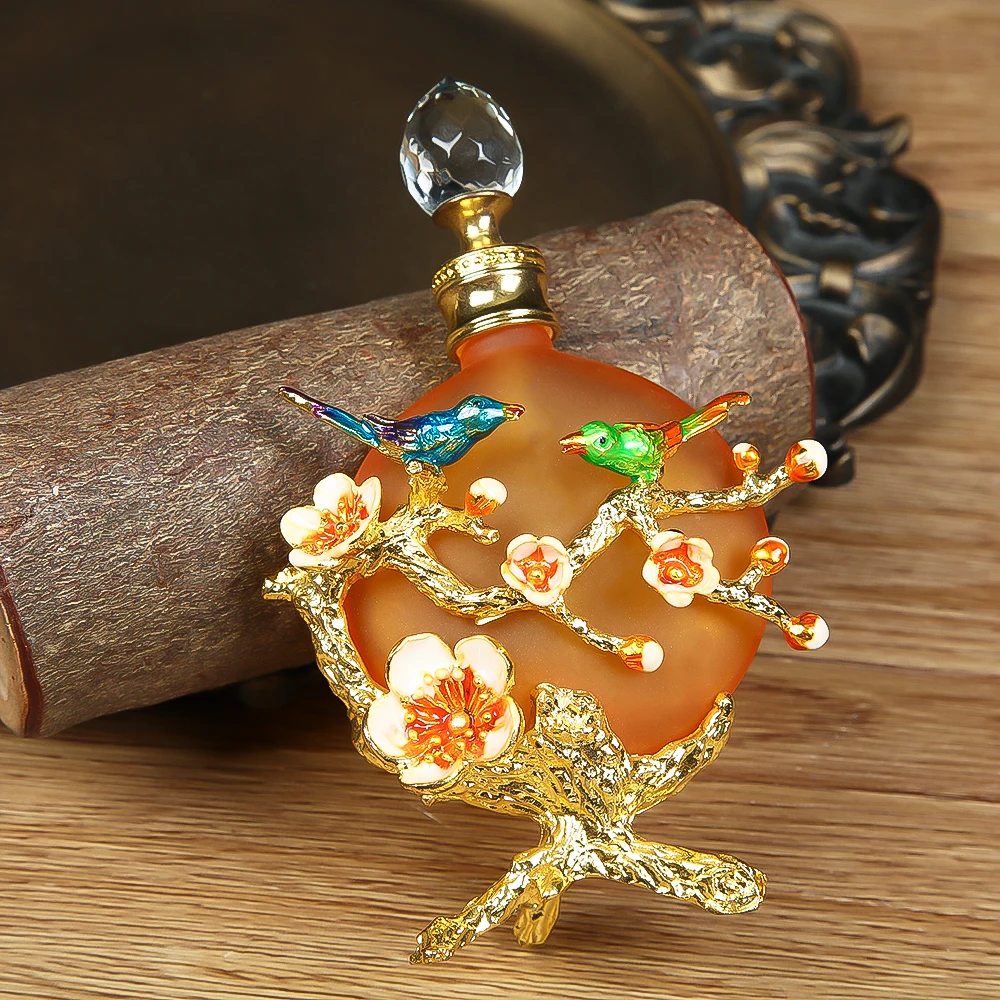 Vintag Empty Bottle 30ML/1oz Yellow Glass Enamel Birds Flower Branch Pattern Clear Crystal Cap Home Decor Perfume Aromatherapy