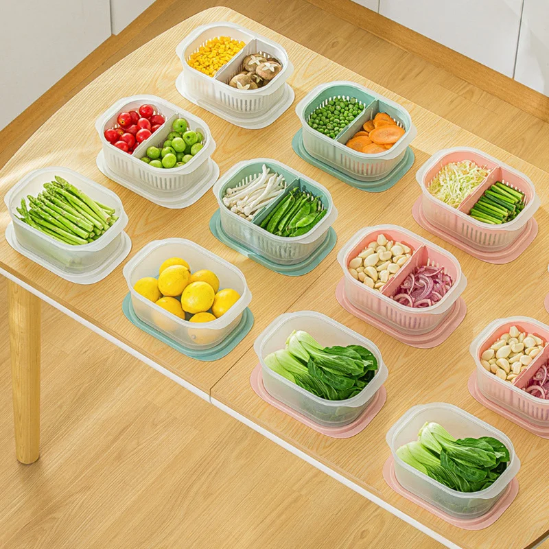 

Refrigerator Fruit Drainer Double Layers Refrigerator Organizer with 2 Grids & Lids Stackable PP Kitchen Storage Box Home