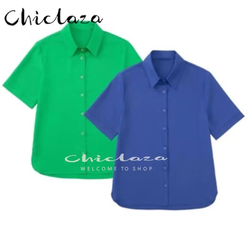 

CHICLAZA 2022 Summer Women Clothing Chic Satin Short Sleeve Shirt Female Vintage Single-breasted Lapel Blouses Top