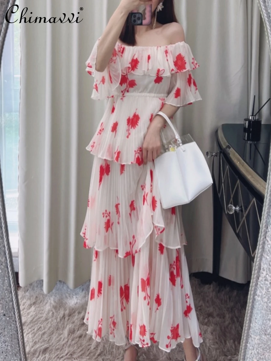

High-End Printed Off-the-Shoulder Pleated Slim Elegant Fairy Dresses 2022 New Elegant Travel Vacation Seaside Maxi Dress Women