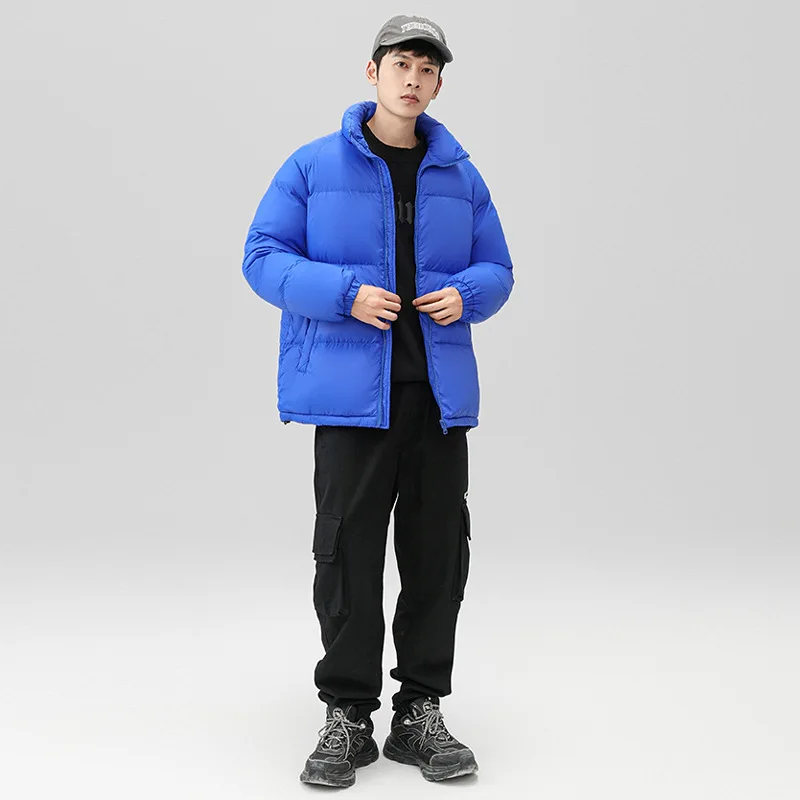 Мужской пуховик с воротником-стойкой теплый однотонный плюшевой подкладкой зима