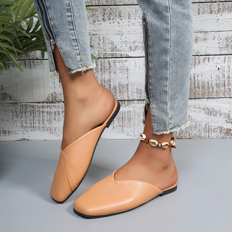 Women Summer Mules Slippers Casual Leather Low Heel Shoes Wrap Toe Slippers Roman Square Toe Beach Half Slippers Outdoor Fashion