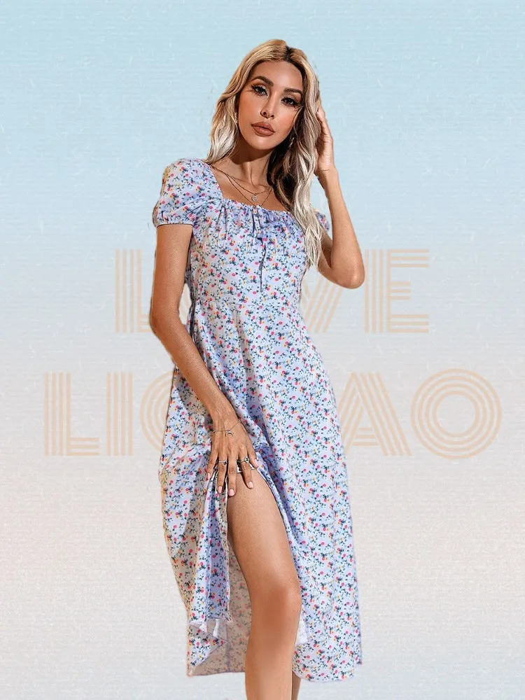 

Ditsy Floral Print Ruched Bust Knot Front Split Thigh Dress Summer Puff Sleeve Square Collar Backless Midi Dress Robe Femme