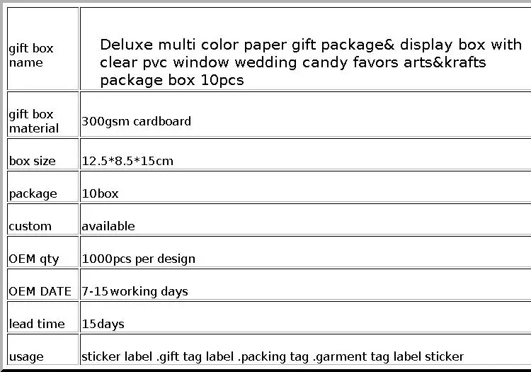Deluxe multi color paper gift package& display box with clear pvc window wedding candy favors arts&krafts package box 10pcs