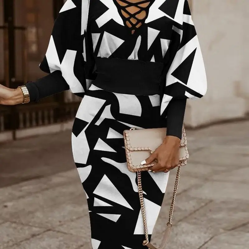 

European and American Spring/Summer New Women's Fashion Print Bag Hip V-neck Long sleeved Dress Lantern Sleeves Cover Meat