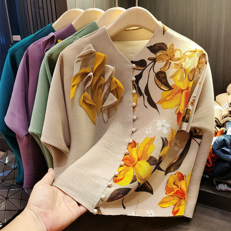 

Женская плиссированная блузка миаке, Офисная рубашка с принтом, дизайнерская Свободная блузка большого размера, 2023