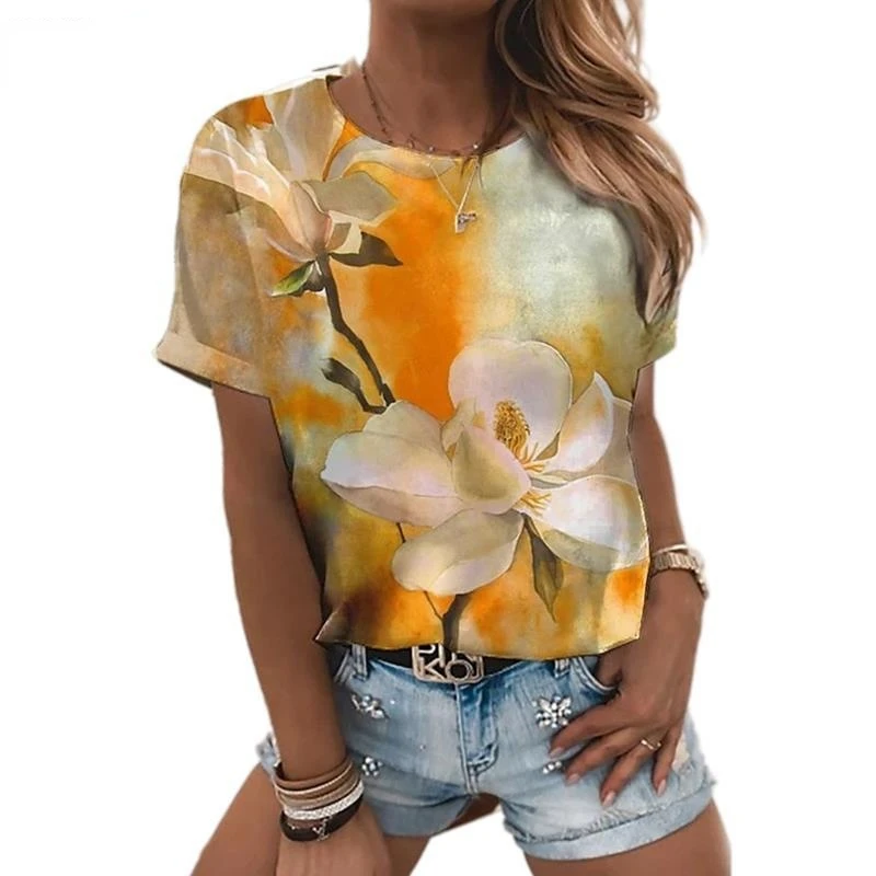 

2022 Summer Fashion 3D Floral Print Short Sleeve T-Shirt Women Soft Round Neck Loose Casual T-Shirt