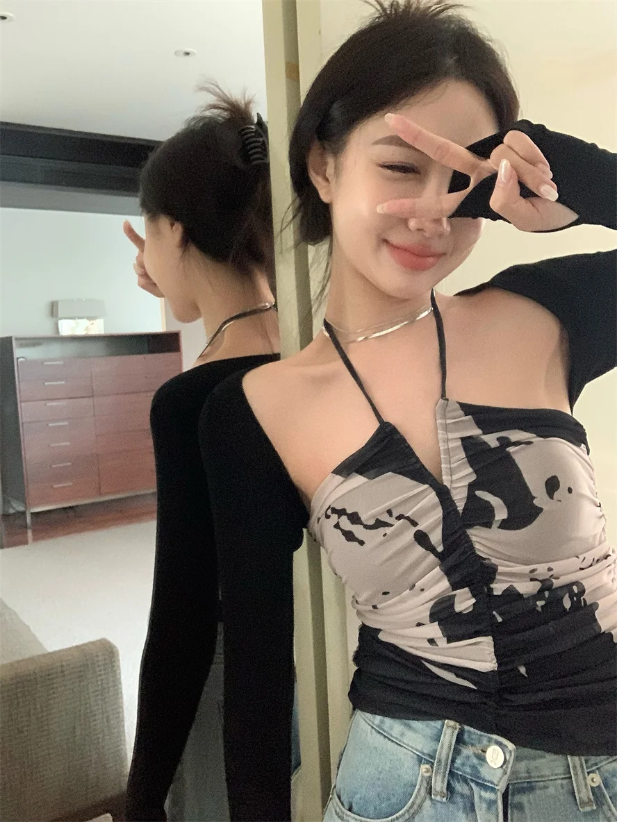 Женская футболка из двух предметов черная на шнуровке и накидка Винтажная в