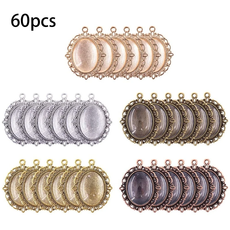 

124A 60 Pcs Pendant Trays Kit Metal Flat Pendant Blank Trays Bezel Oval Cabochon Base Setting Charms Pendant for DIY Jewelry