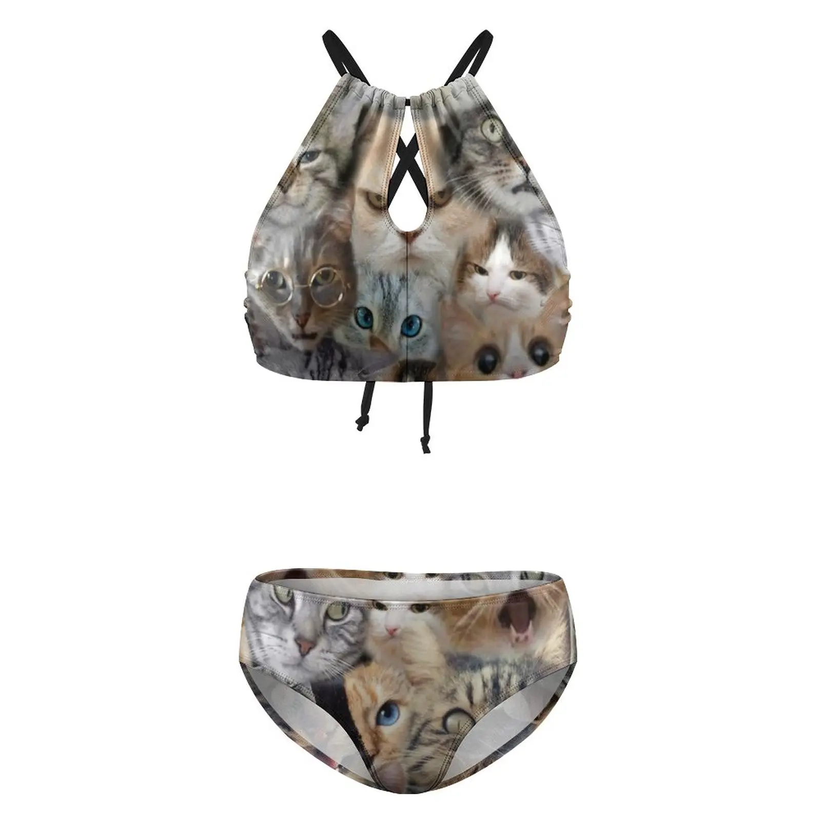 Милый купальник-бикини с коллажем кошки принтом животных и высокой горловиной