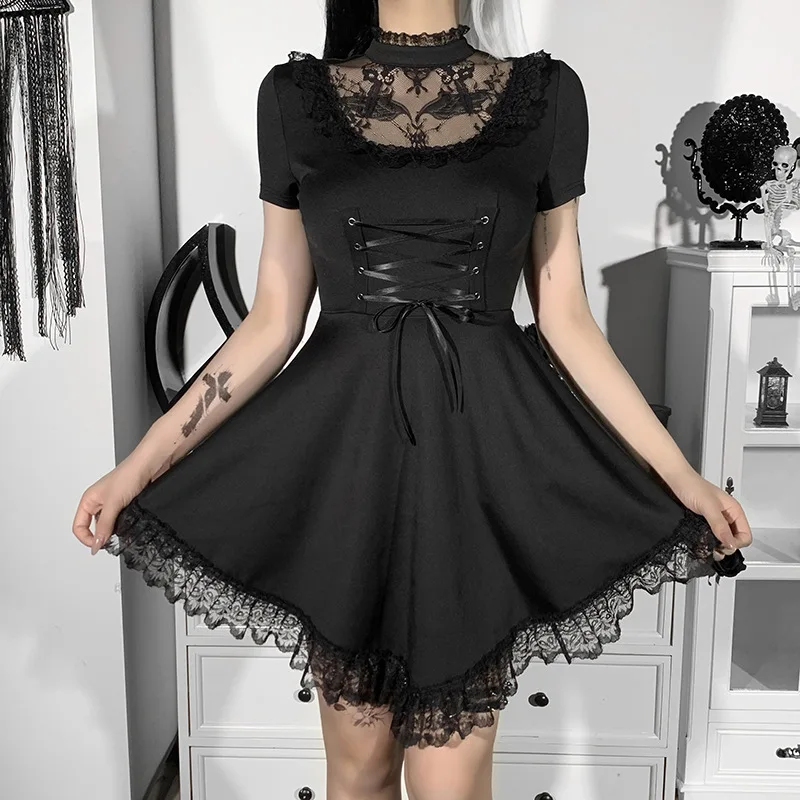 

Aesthetic Goth Short Sleeve Bandage Lace Tirm Irregular Hem Mini Dresses Gothic Grunge Punk Hollow Out Dress Women Party Club