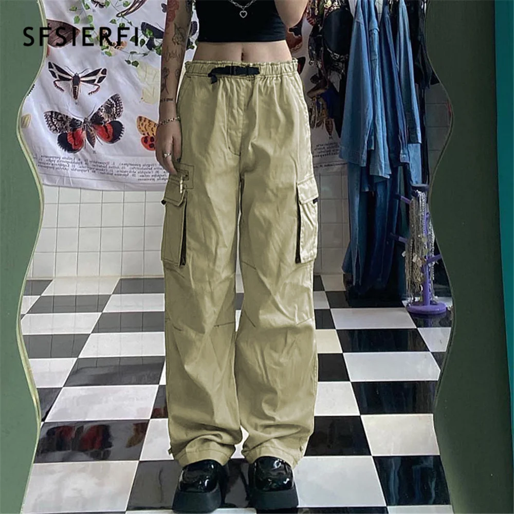 

SFSIERFI Y2K Hipster Cargo Pants Women's Streetwear High Waist Baggy Slim Straight Leg Pants Vintage Casual Goth Khaki Trousers