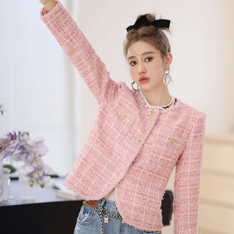 

Ранняя осень укороченная куртка 2022 осень зима Harajuku розовая клетчатая твидовая куртка женское подиумное дизайнерское короткое пальто уличн...