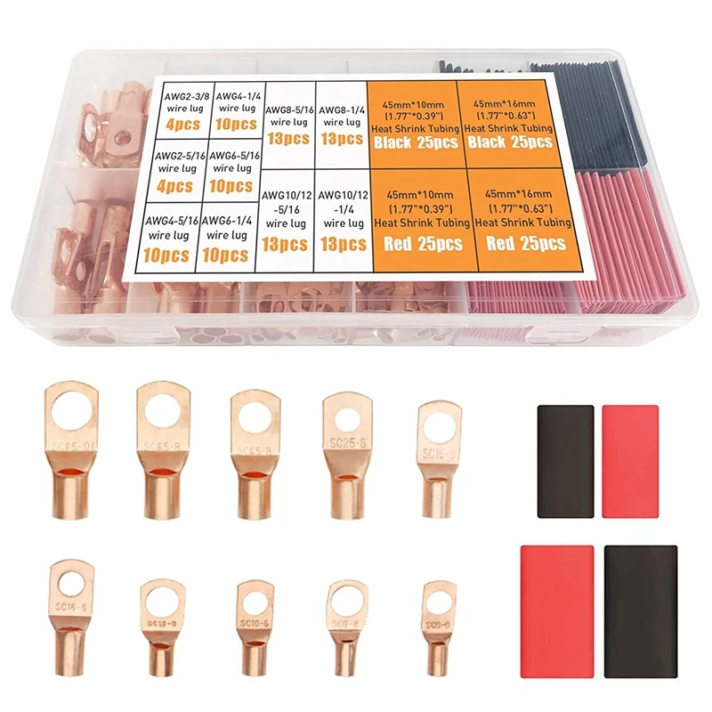 

200Pcs Copper Wire Terminal Connectors AWG 2 4 6 8 10 12 Ring Lug Kit With 100Pcs Heat Shrink 100Pcs Battery Cable Lugs