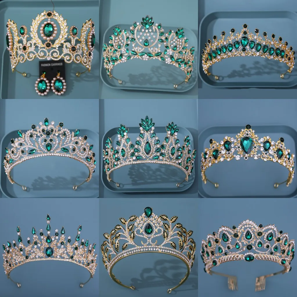

Green Crystal Rhinestones Bridal Tiaras And Crowns For Women Baroque Vintage Wedding Half Diadems Hair Accessories Head Jewelry