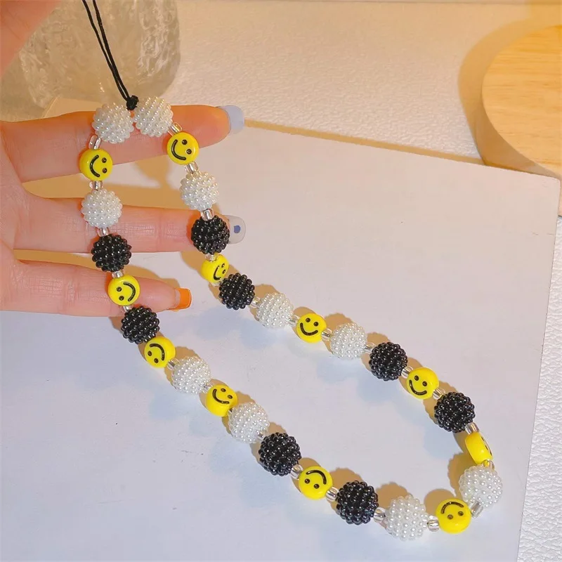 

Black White Pearl Chain Mobile Phone Chains For Women Fashion Yellow Smiley Beaded CellPhone Pendant Anti-Lost Lanyard Jewelry