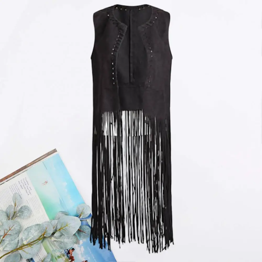 

Dance Party Women Vest Vintage Fringed Suede Vest Women's Open Front Hollow Hole Waistcoat Chic Streetwear with Long Tassels