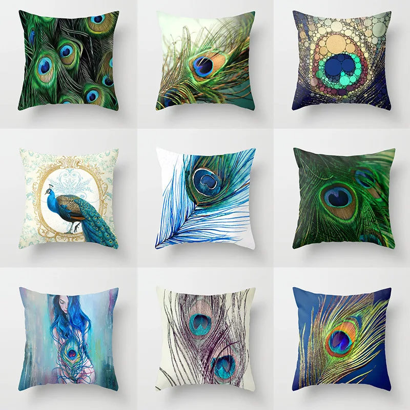 

Peacock feather series ethnic style pillowcase personalized animal pattern peach skin pillowcase cushion cover funda cojin