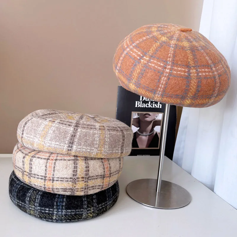 

Women Printed Plaid Beret Cap Winter French Style Wool Beret Hat Tartan Check Soft Winter Warm Beret Beanie Hat