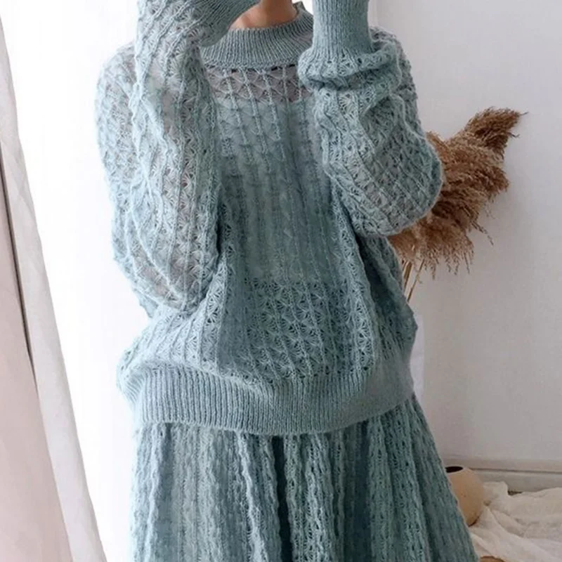 New Sweater Suit Skirt White Kawaii Loose Hollow Knitted Two-Piece Knitted 2 Pieces Set 2022 Women Office Lady Pullovers Sweater