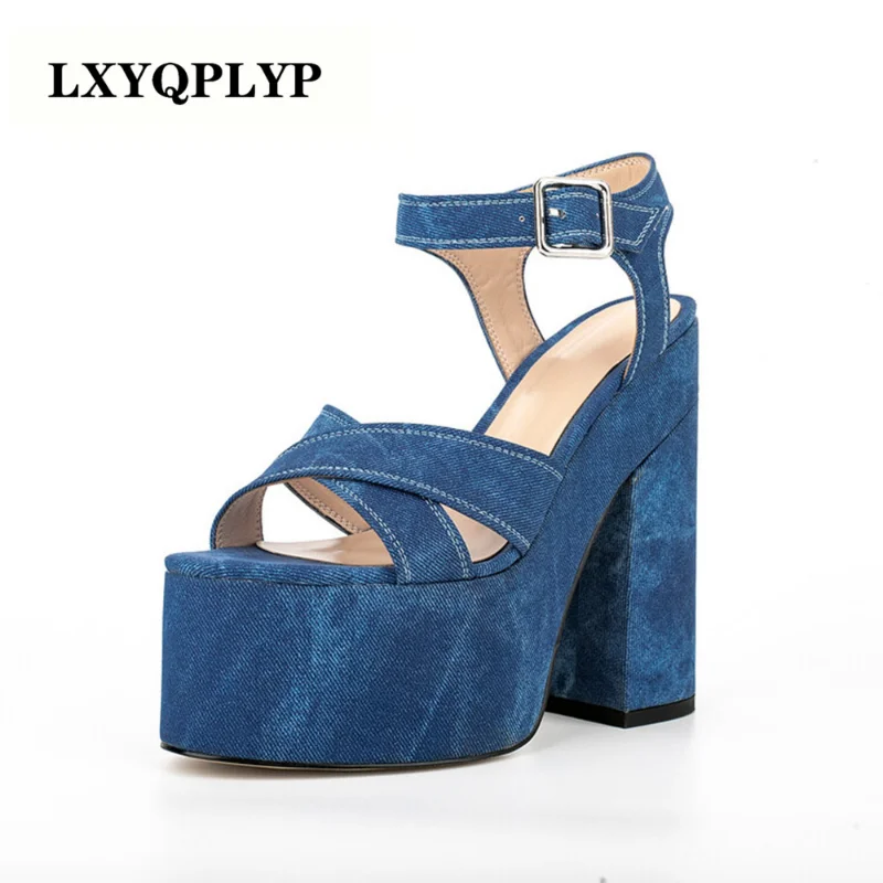 

High Quality Women's Shoes 2023 Summer New Fashion Denim Fabric Coarse Heel Platform Design Simple Straight Buckle Sandals