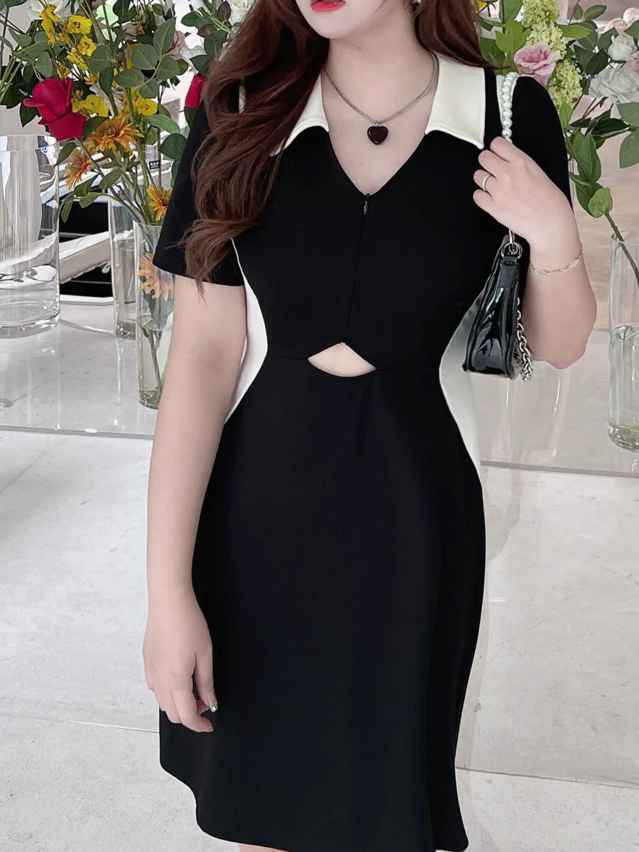 

Women Deesses 2022 Summer Lyocell Elegant Fashion Hollow Out Waist Contrast Color Slim Puff Sleeve X Sweet Cool One-Piece