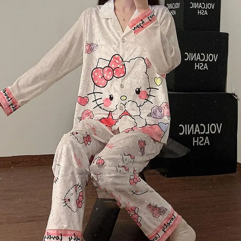 Sanrio Girl Золотой бархатный осенний пижамный комплект с откидным воротником Kawaii Hello