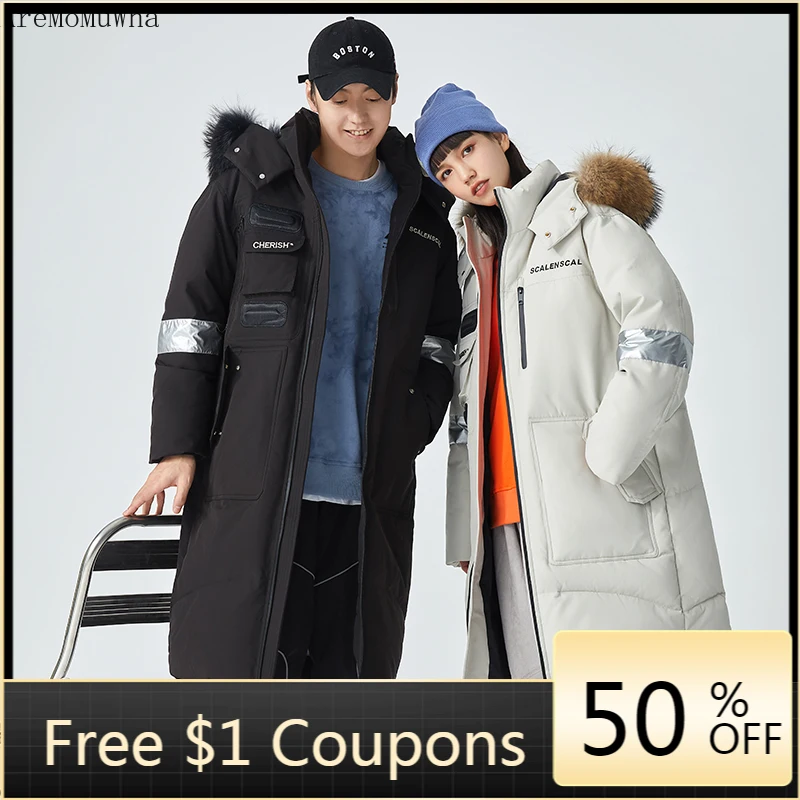 

Trendy Young Men and Women Couples Down Jacket Men's Coat Multi-pocket Mid-length Winter Trendy Over-the-knee Coat X-Long