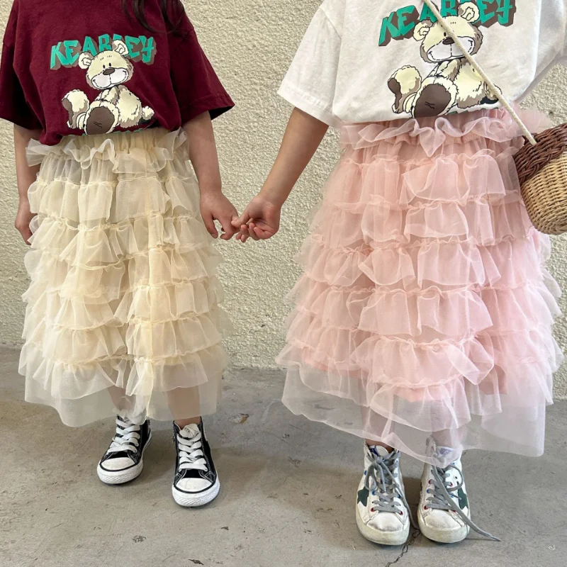 

Girls cute solid color mesh Skirts Kids double-deck all-match casual cake Skirt