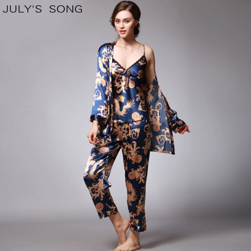

JULY'S SONG 3Pcs Dragon Print Women Pajamas Set Faux Silk Sling Top Trousers Sleepwear Summer Robe Loungewear Spring Pyjamas