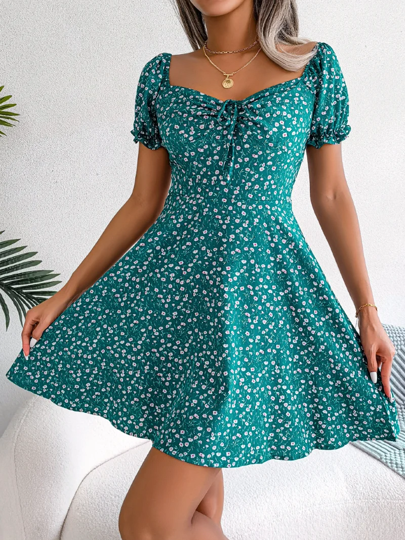 

Fashion Flared Sleeve Drawstring Lace-Up Floral Swing Dress Women Spring Summer Print Sundress Dress Y2k Korean Sukienki платье