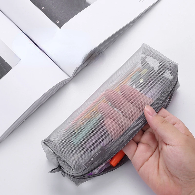 

Transparent Mesh Zipper Pencil Bag Nylon Mesh Stationery Pencil Case Pens Storage Bag Organizer 19*5*5cm